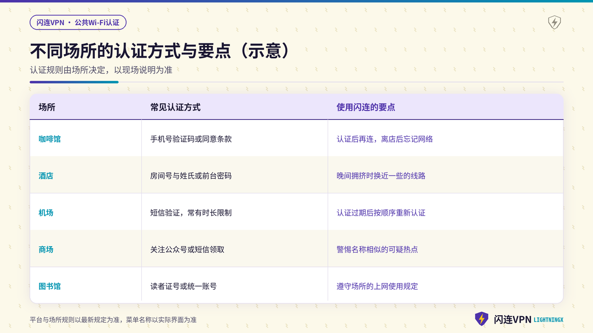 不同公共Wi-Fi场所的认证方式与闪连VPN使用要点对照示意